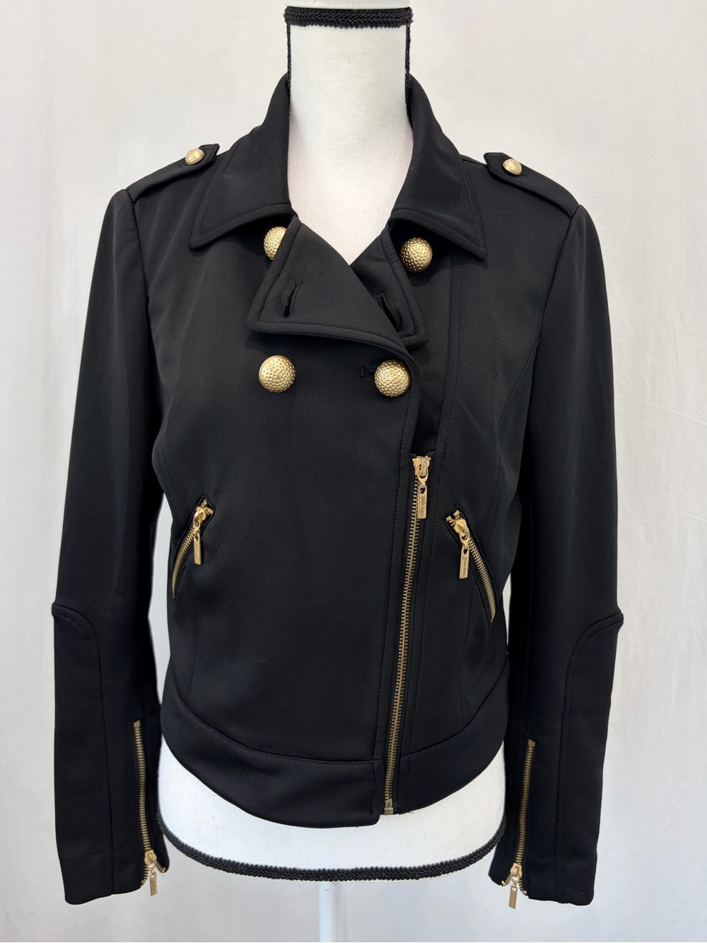 Bisou Y2K Edgy Moto Military Double Jacket Black Crop Gold Accent Stretch Medium